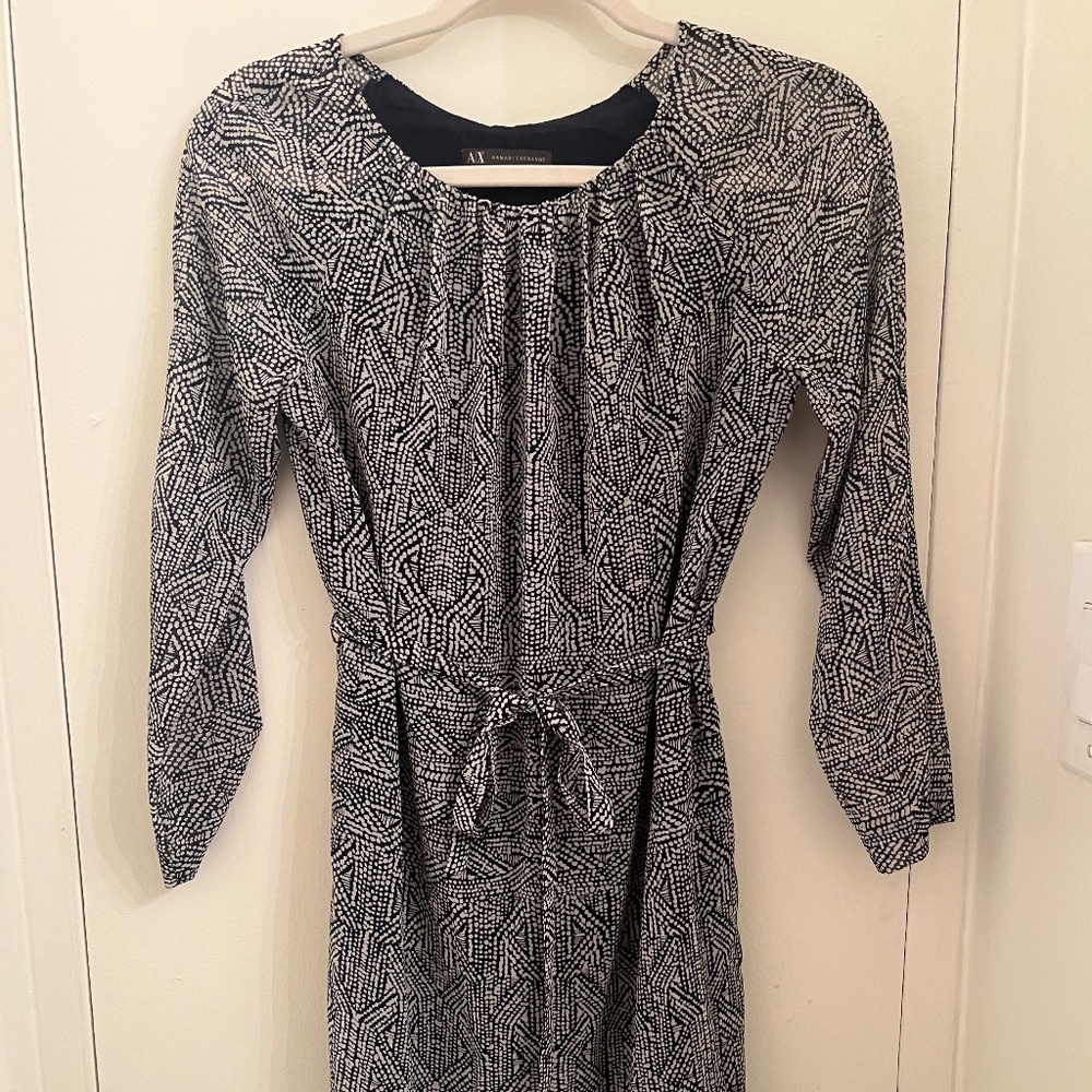 Blue and white geometric Armani Exchange dress with tie waste